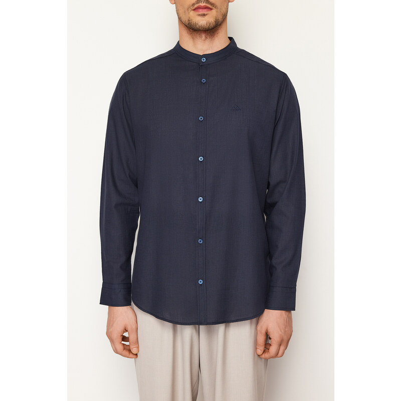 Trendyol Navy Blue Regular Fit Large Collar Embroidery Detail 100% Cotton Shirt