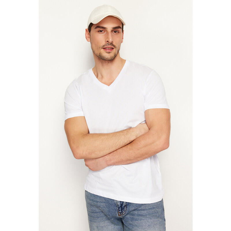 Trendyol White Regular/Normal Fit V-Neck Basic 100% Cotton T-Shirt