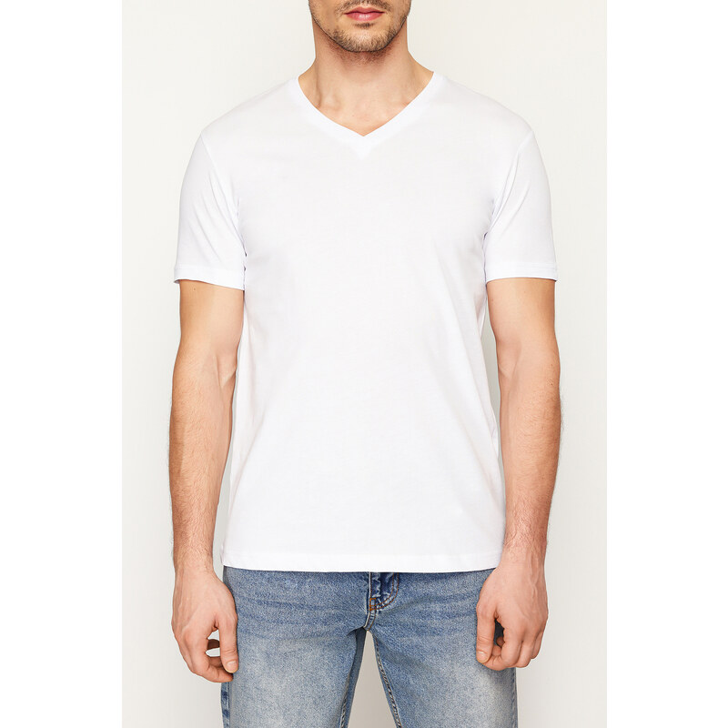 Trendyol White Regular/Normal Fit V-Neck Basic 100% Cotton T-Shirt