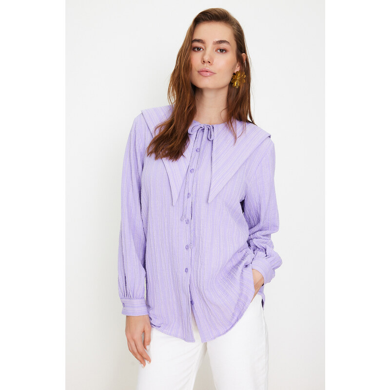 Trendyol Lilac Large Collar Crinkle Woven Shirt