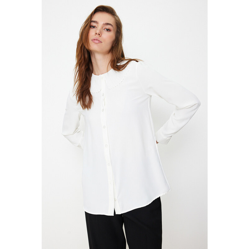 Trendyol White Ruffle Collar Crepe Stylish Woven Shirt