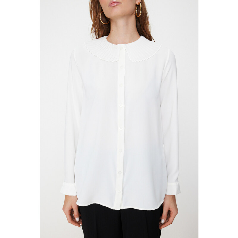 Trendyol White Ruffle Collar Crepe Stylish Woven Shirt