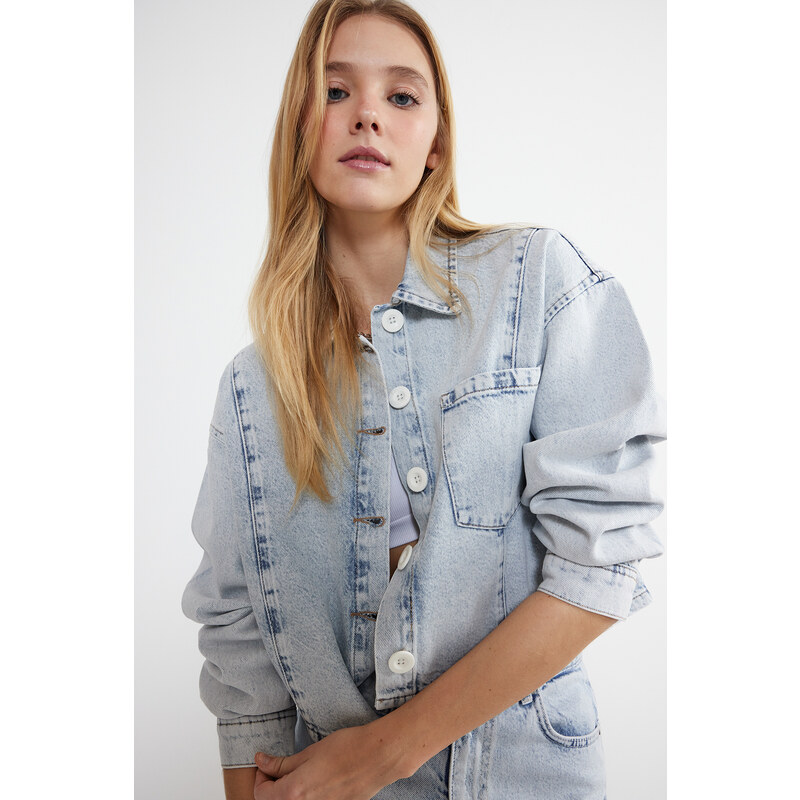 Trendyol Light Blue Stitching Detailed Oversize Denim Jacket