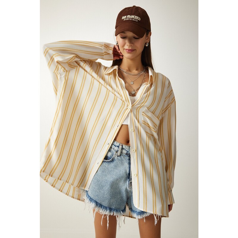 Happiness İstanbul Women's Cream Striped Oversize Linen Viscose Shirt