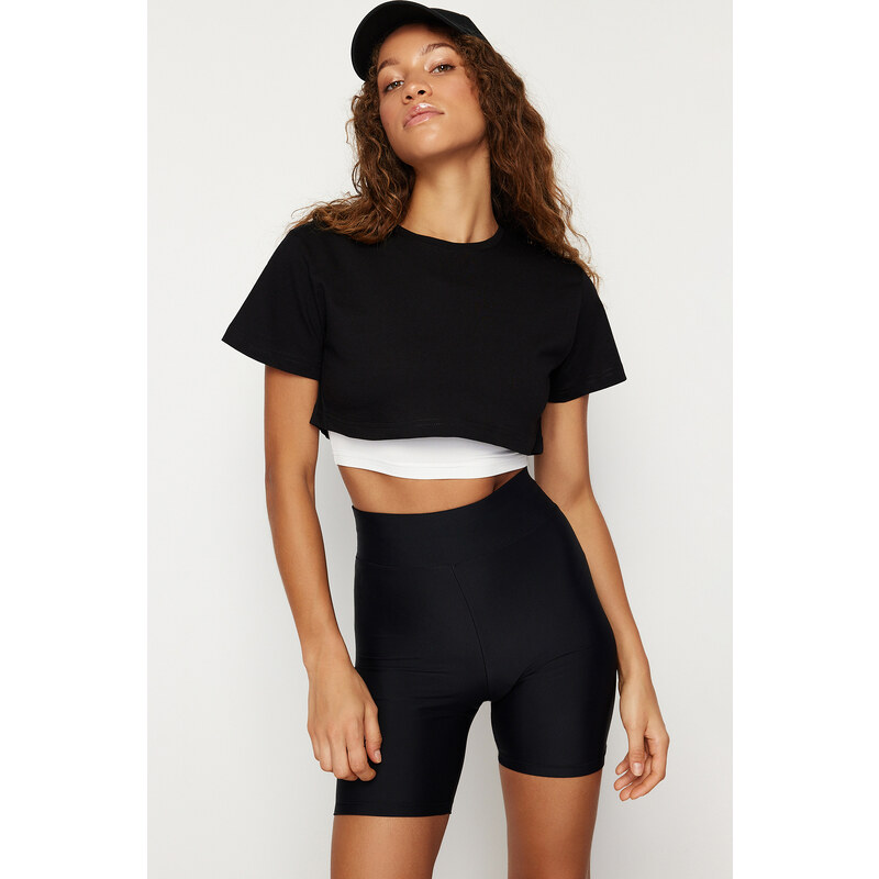 Trendyol Black and White 2 Layer Reflector Print Detailed Crop Knitted Sports T-Shirt