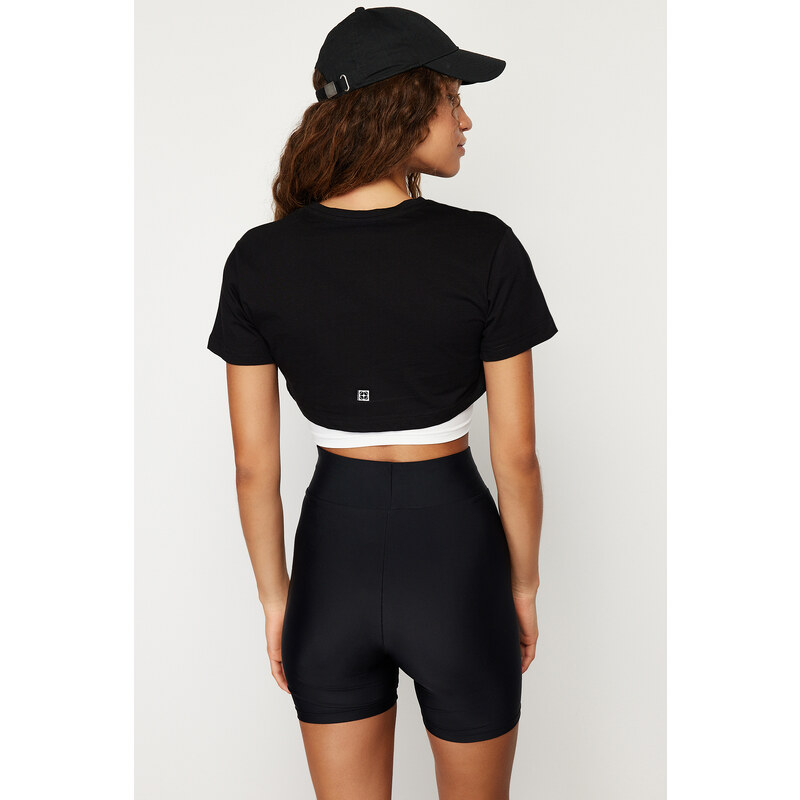 Trendyol Black and White 2 Layer Reflector Print Detailed Crop Knitted Sports T-Shirt