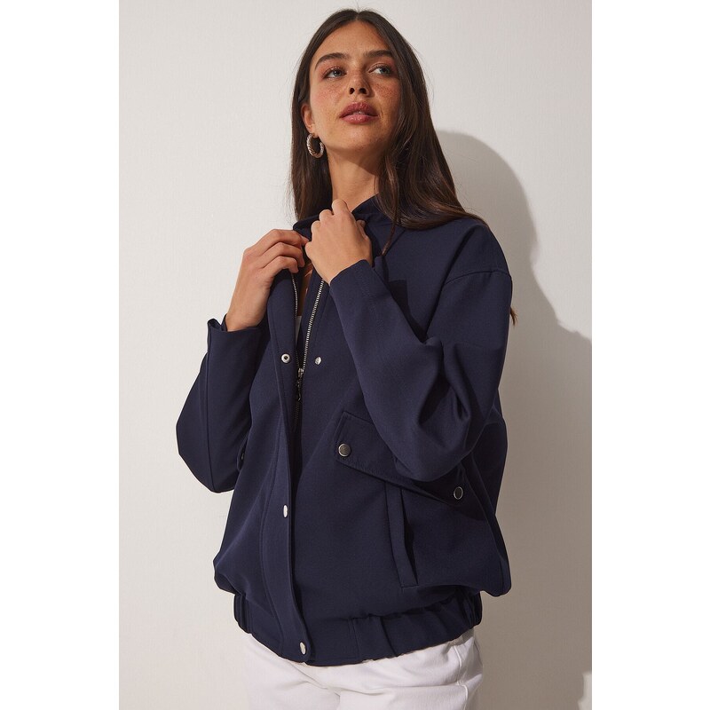 Happiness İstanbul Womens Navy Blue Wide Pocket Bomber Coat 115723357