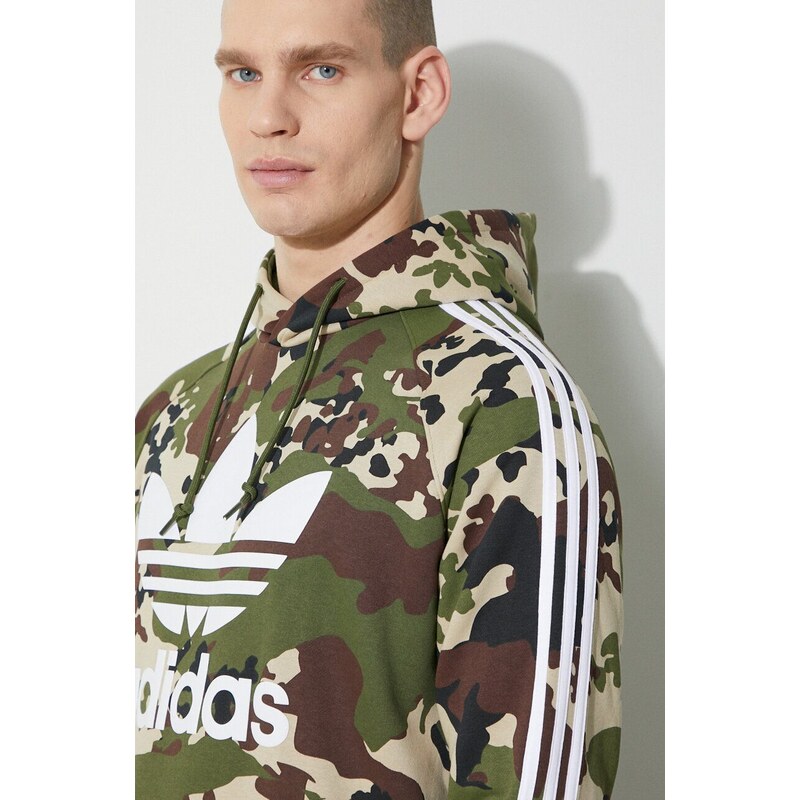 Mikina adidas Originals pánská, zelená barva, s kapucí, vzorovaná, IS0209