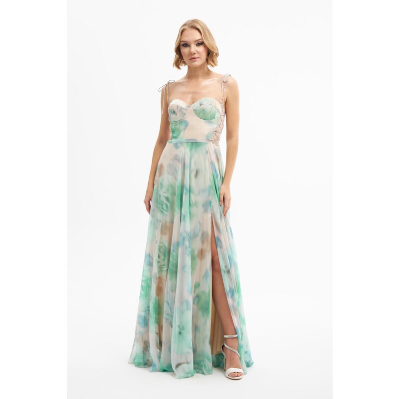 Carmen Emerald Printed Slit Long Evening Dress