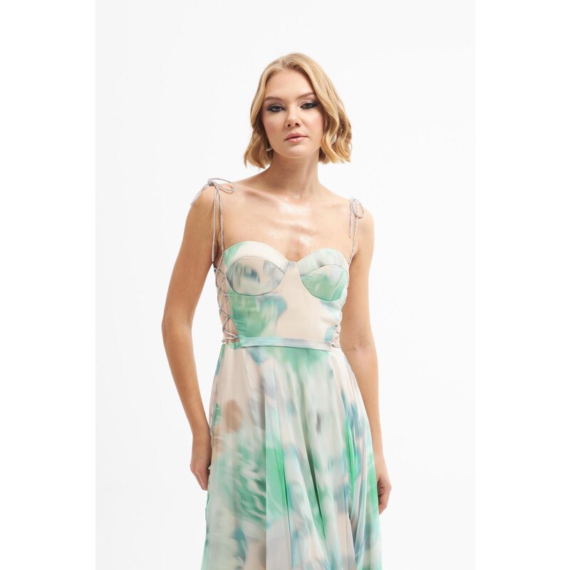 Carmen Emerald Printed Slit Long Evening Dress