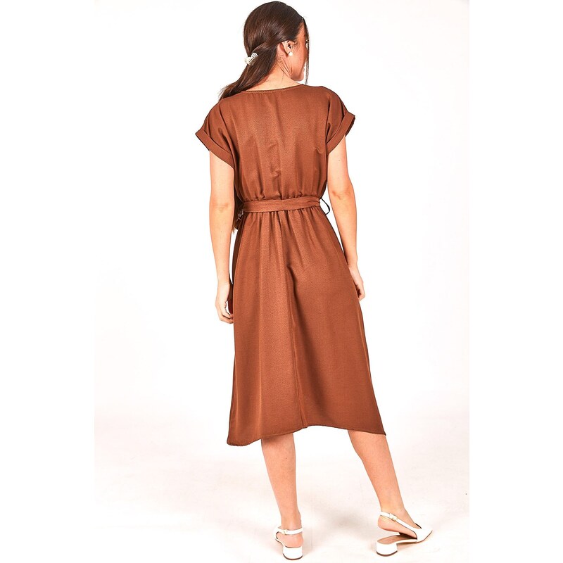 armonika Women's Brown Elastic Waist Tie-down DRESS