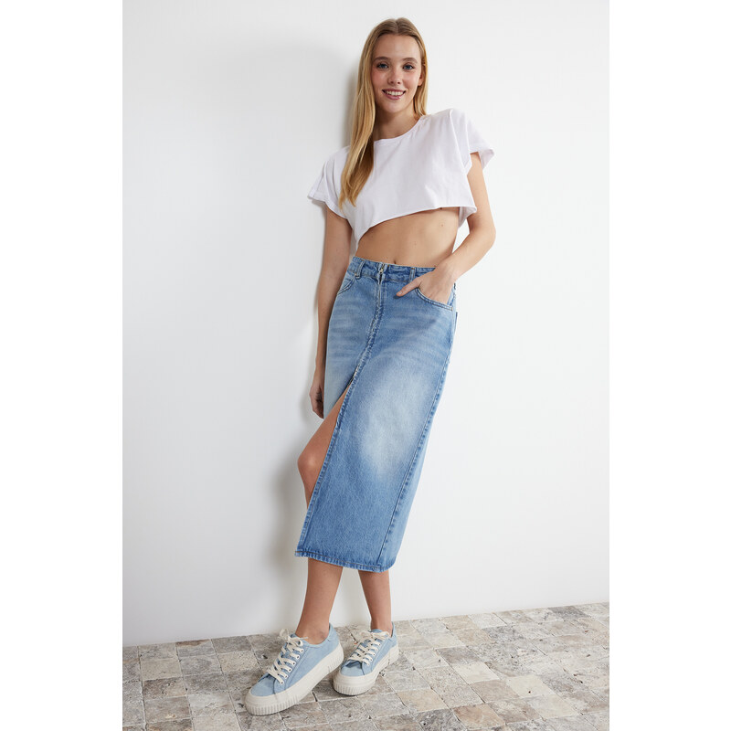 Trendyol Blue Front Zipper High Waist Midi Denim Skirt