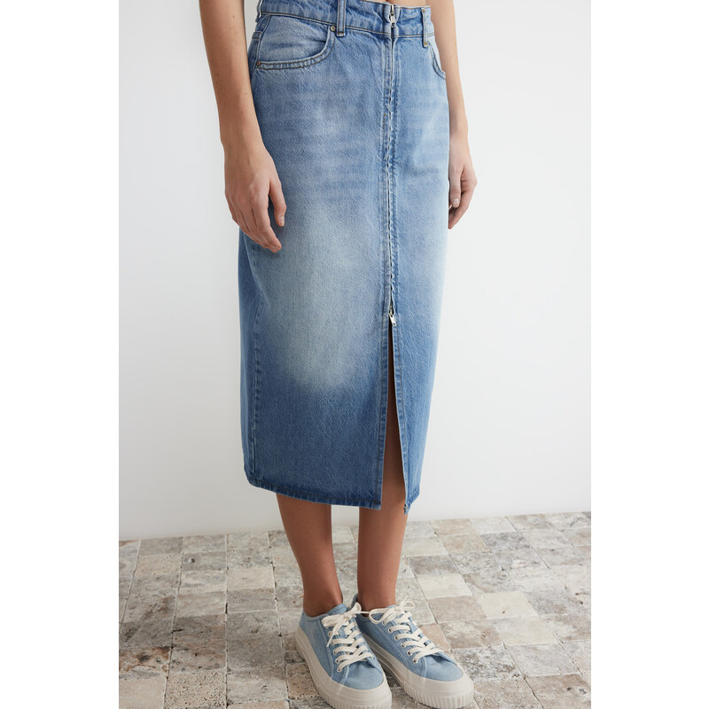 Trendyol Blue Front Zipper High Waist Midi Denim Skirt