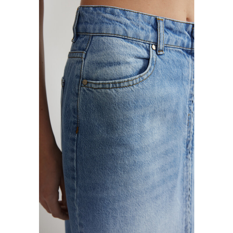 Trendyol Blue Front Zipper High Waist Midi Denim Skirt