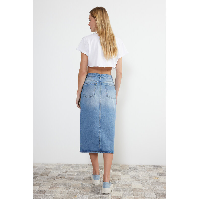 Trendyol Blue Front Zipper High Waist Midi Denim Skirt