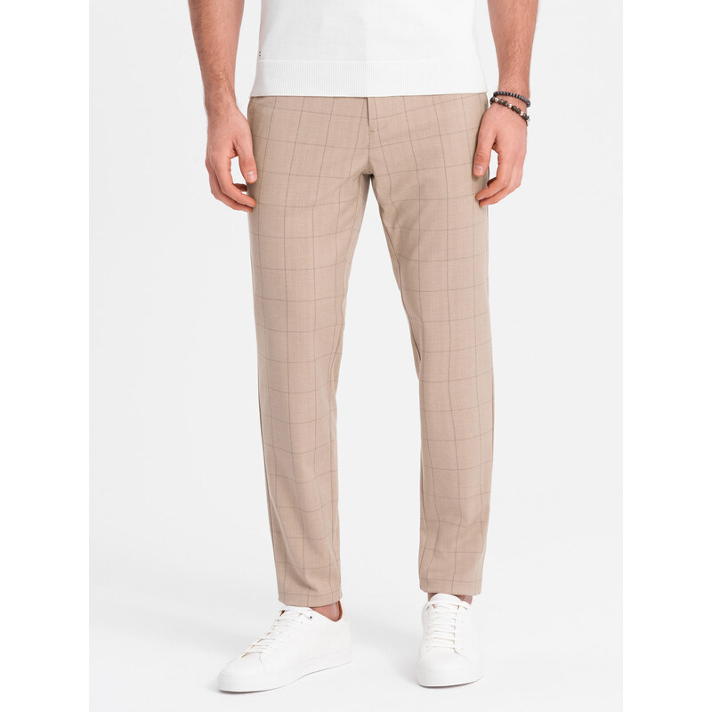 Ombre Clothing Pánské kalhoty klasického střihu v jemné kostkované barvě - písková V2 OM-PACP-0187