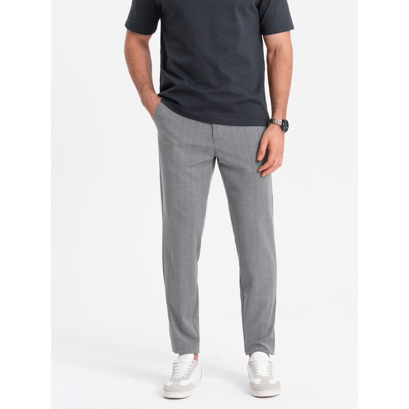 Ombre Clothing Pánské kalhoty klasického střihu v jemné kostkované barvě - šedé V3 OM-PACP-0187