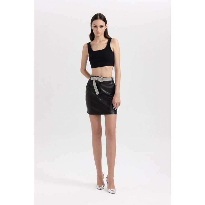 DEFACTO Coool A Cut Faux Leather Mini Knitted Skirt