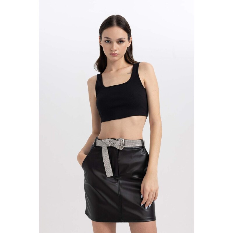 DEFACTO Coool A Cut Faux Leather Mini Knitted Skirt