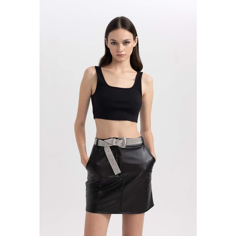 DEFACTO Coool A Cut Faux Leather Mini Knitted Skirt