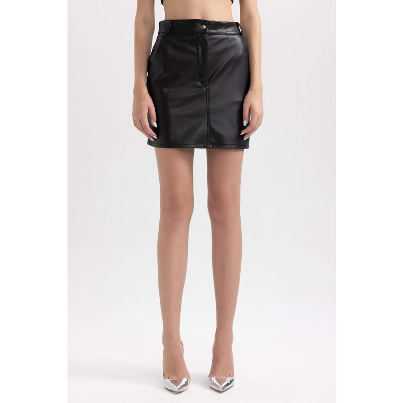 DEFACTO Coool A Cut Faux Leather Mini Knitted Skirt