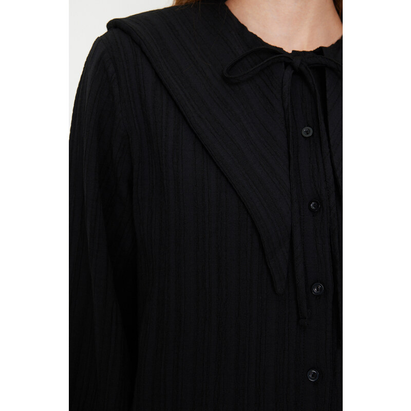 Trendyol Black Big Collar Crinkle Woven Shirt