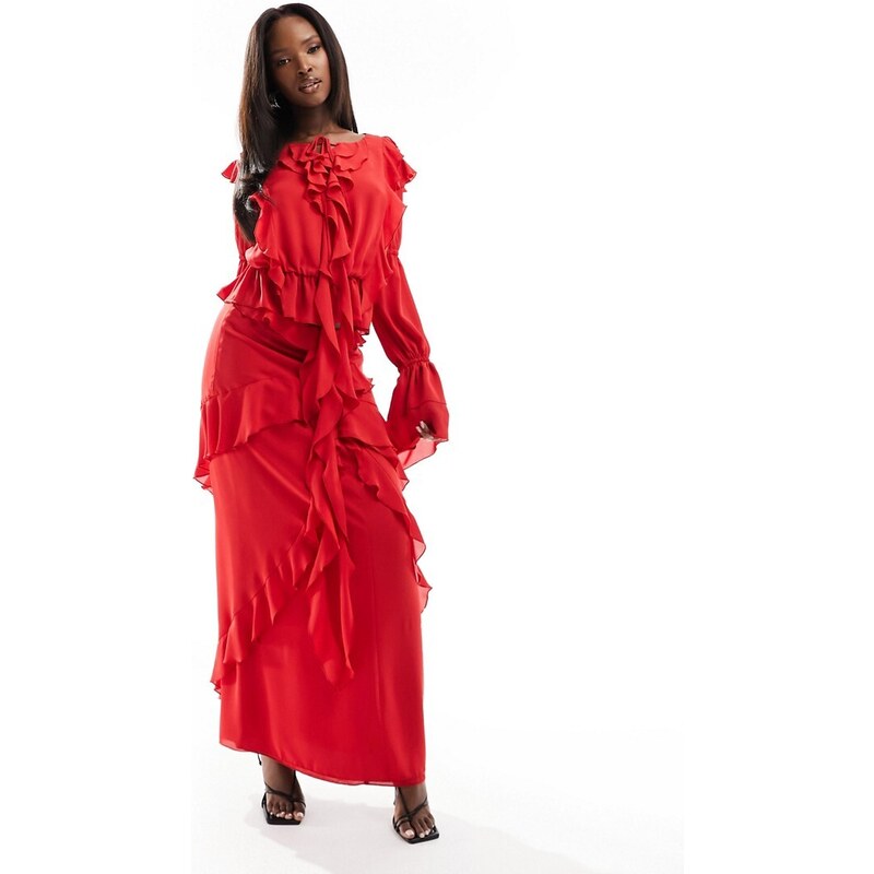 Daska ruffle maxi skirt co-ord in red