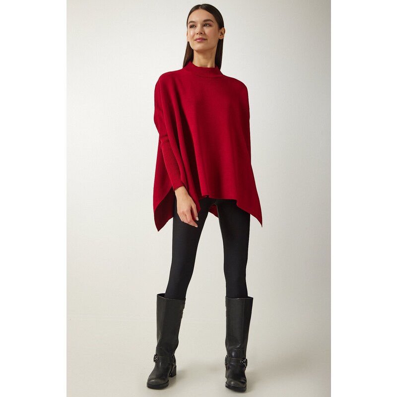 Happiness İstanbul Women's Red Stand-Up Collar Slit Knitwear Poncho Sweater