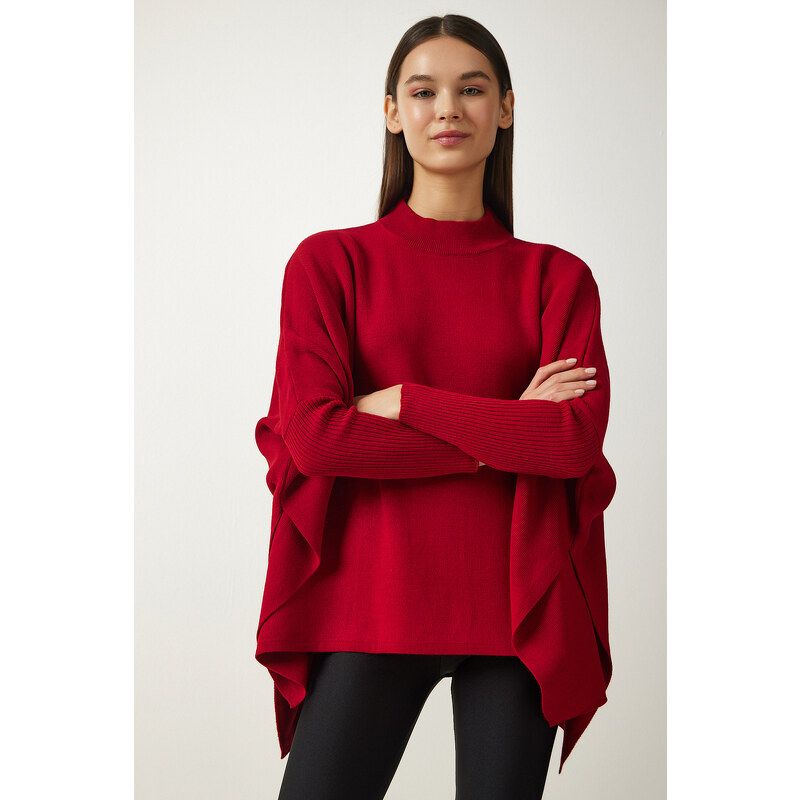 Happiness İstanbul Women's Red Stand-Up Collar Slit Knitwear Poncho Sweater