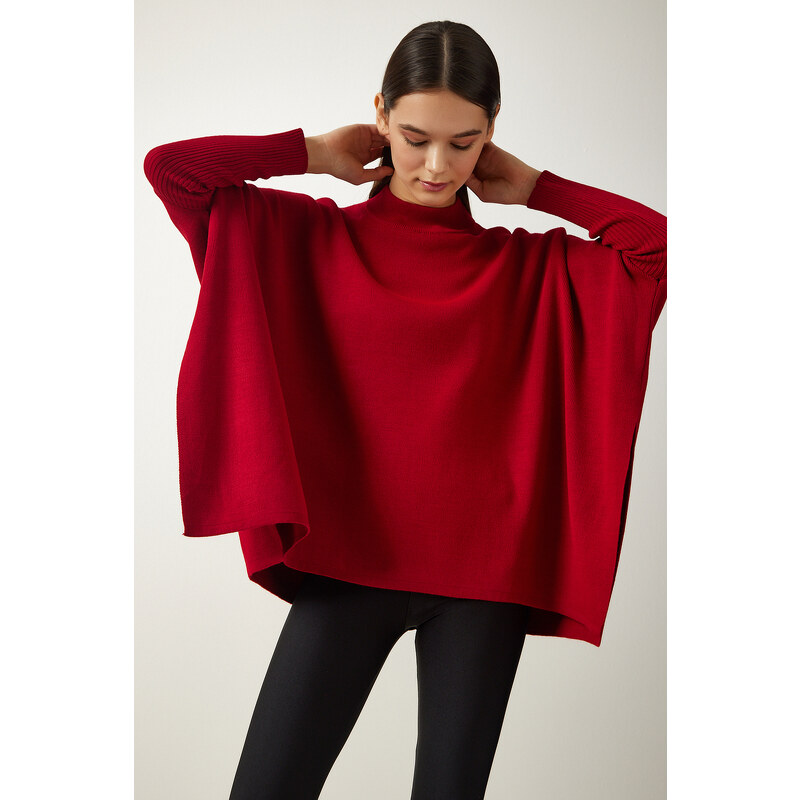 Happiness İstanbul Women's Red Stand-Up Collar Slit Knitwear Poncho Sweater