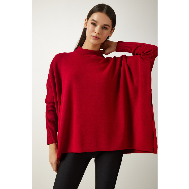 Happiness İstanbul Women's Red Stand-Up Collar Slit Knitwear Poncho Sweater