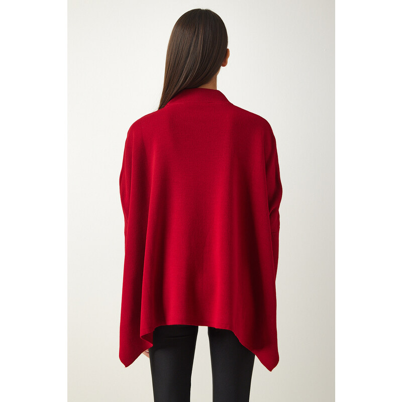 Happiness İstanbul Women's Red Stand-Up Collar Slit Knitwear Poncho Sweater