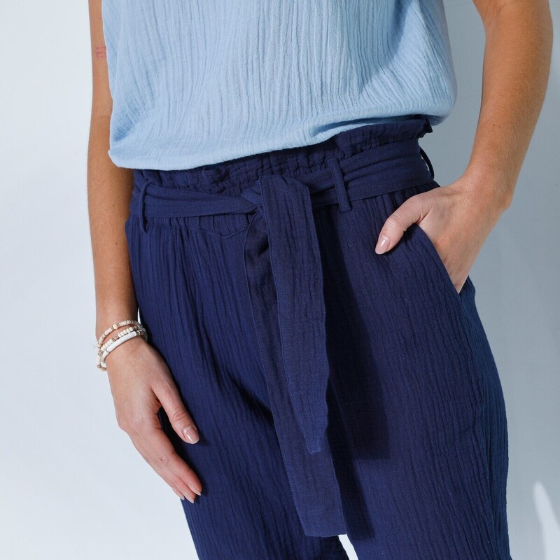 Blancheporte Rovné kalhoty z bavlněné gázoviny v pomačkaném vzhledu nám. modrá 36