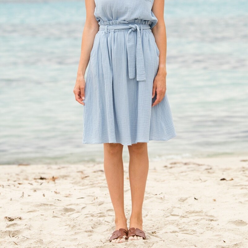 Blancheporte Midi sukně s páskem, dvojitá bavlněná gázovina nebeská modrá 38