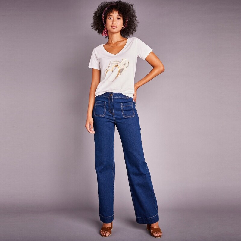 Blancheporte Široké džíny s vysokým pasem, malá postava modrá 42