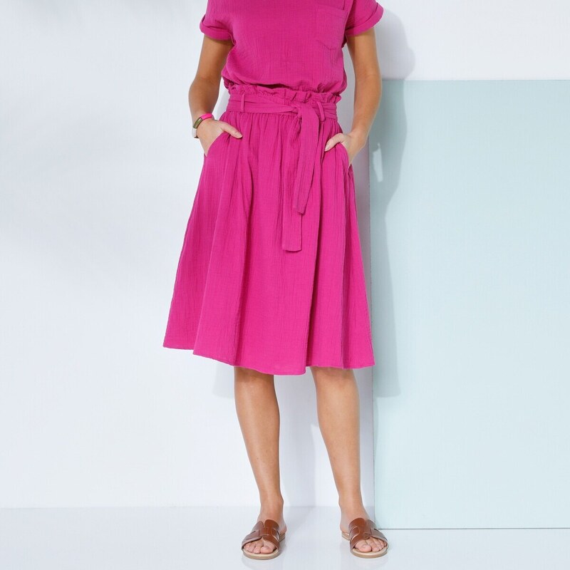 Blancheporte Midi sukně s páskem, dvojitá bavlněná gázovina purpurová 36