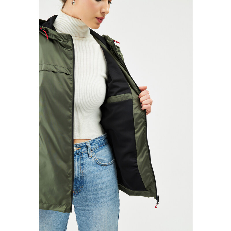 River Club Dámské Khaki nepromokavá pláštěnka s kapucí s vnitřní podšívkou a kapsou - Windbreaker Jacket
