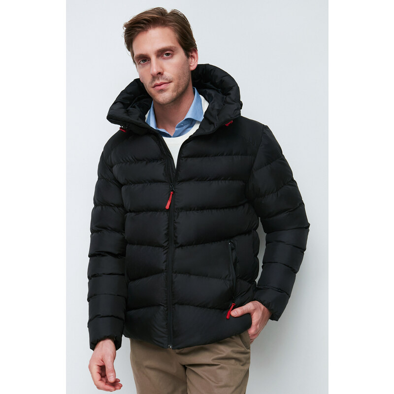 River Club Pánský černý vláknitý kapucí s kapucí a větruodolný péřový zimní kabát