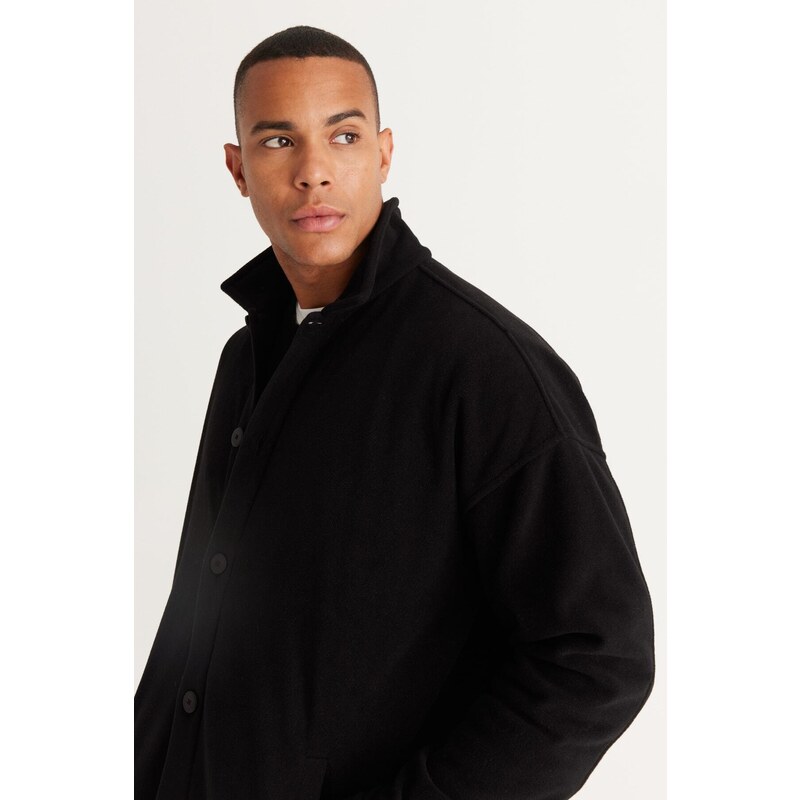 AC&Co / Altınyıldız Classics Men's Black Oversized Loose Fit Classic Collar Anti-Pilling Winter Comfortable Fleece Shirt.