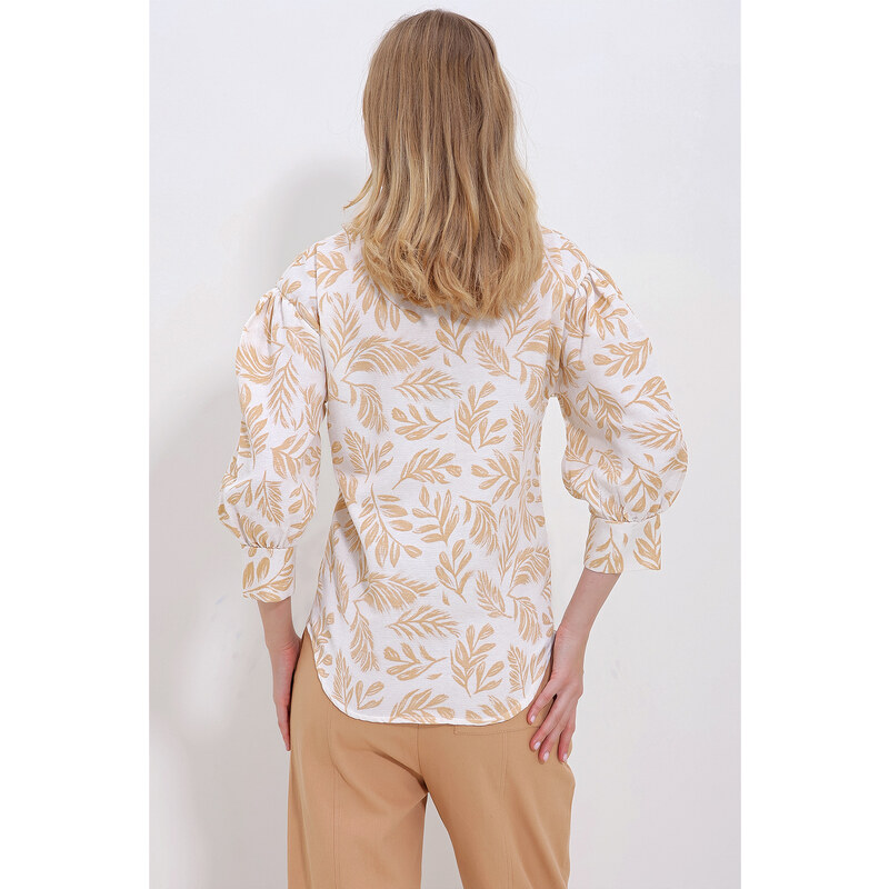 Trend Alaçatı Stili Women's Beige Leaf Patterned Balloon Sleeve Hidden Placket Linen Shirt