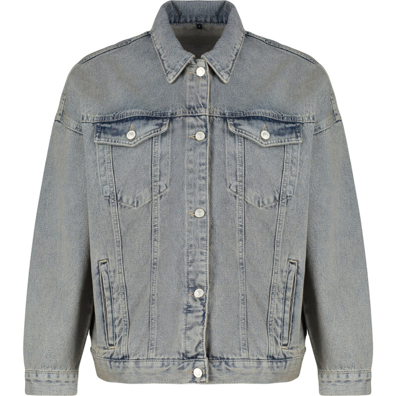 Trendyol Blue Faded Effect Vintage Oversize Denim Jacket