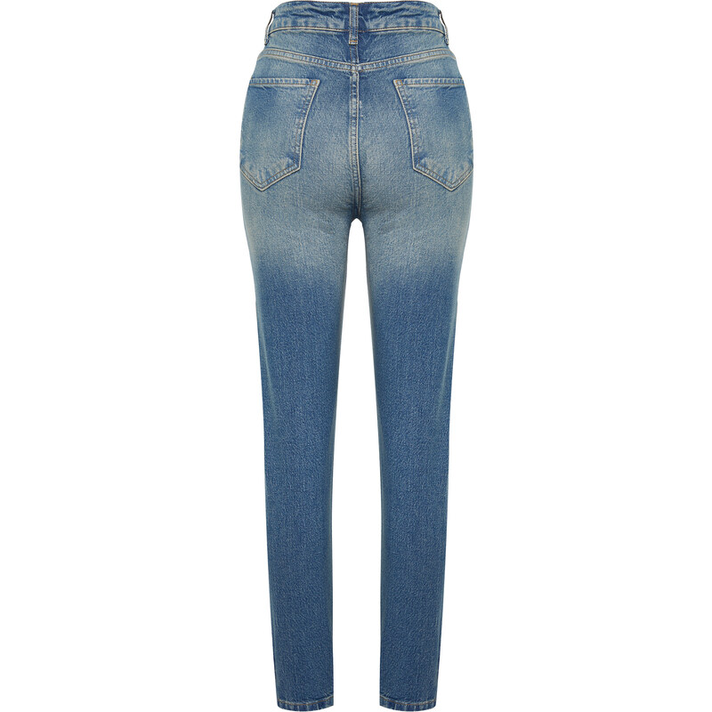 Trendyol Blue Faded Effect Vintage High Waist Slim Mom Jeans