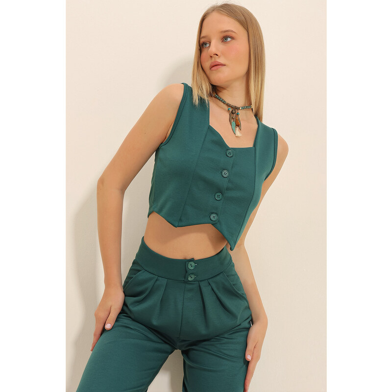 Trend Alaçatı Stili Women's Walnut Green Sweetheart Collar Buttoned Crop Vest