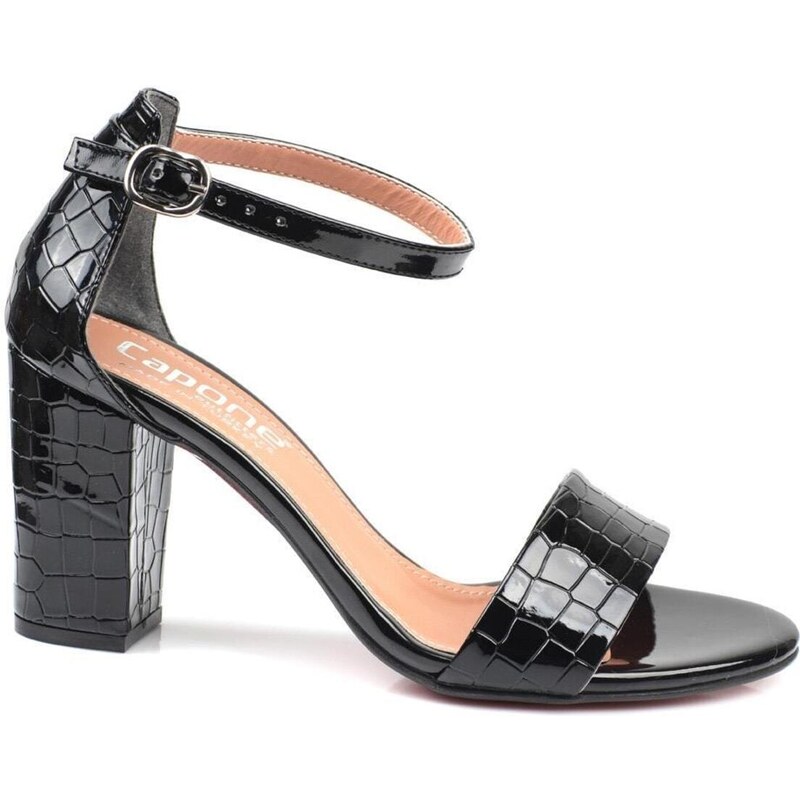 Capone Outfitters Capone Small Crocodile Patterned Silvy Heel Ankle Band Black Women's Sandals