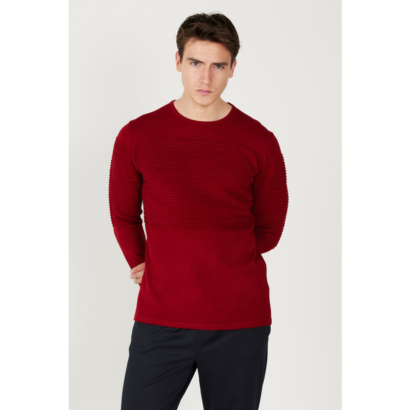 AC&Co / Altınyıldız Classics Men's Red Anti-pilling and Anti-Pilling Standard Fit Crew Neck Textured Knitwear Sweater.