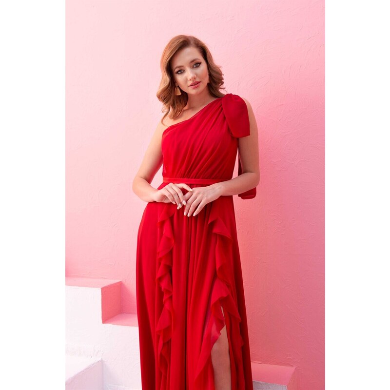 Carmen Red Chiffon One-Shoulder Long Evening Dress