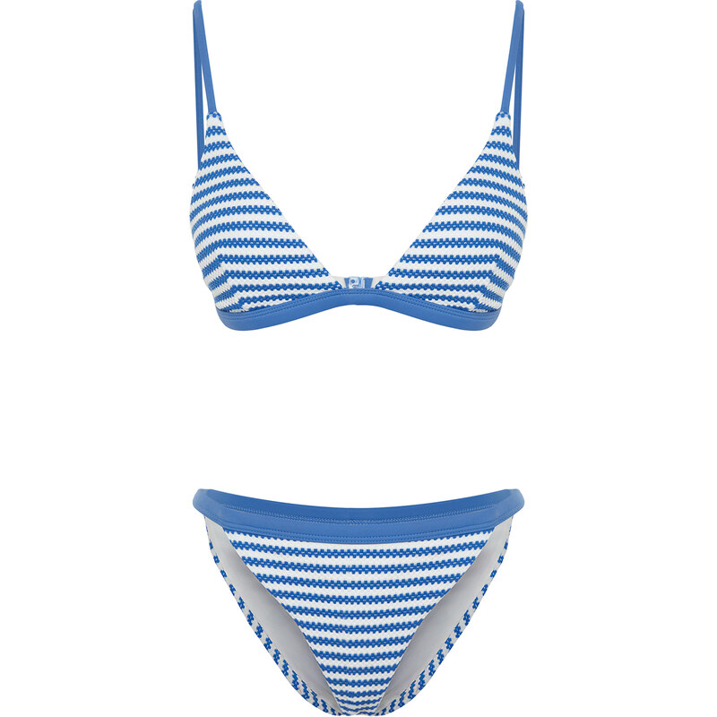 Trendyol White-Blue Striped Triangle Texture Regular Bikini Set