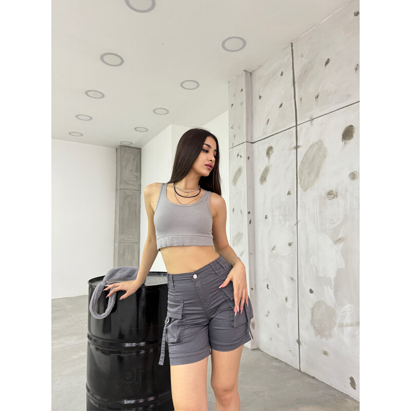 BİKELİFE Gray High Waist Flexible Denim Shorts With Pocket.