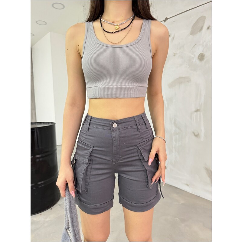 BİKELİFE Gray High Waist Flexible Denim Shorts With Pocket.