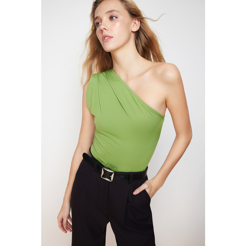 Trendyol Apple Green Fitted Asymmetric Neck Elastic Snaps Knitted Bodysuit